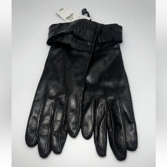 NEW elegant $49 Genuine Black Real Leather Gloves Ruffle women’s Medium winter - Picture 3 of 6
